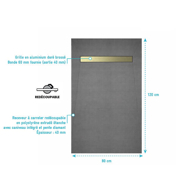 AURLANE - Receveur de Douche à Carreler 120x80cm à Ecoulement Linéaire - Grille finition Or Brossé et Bonde - large