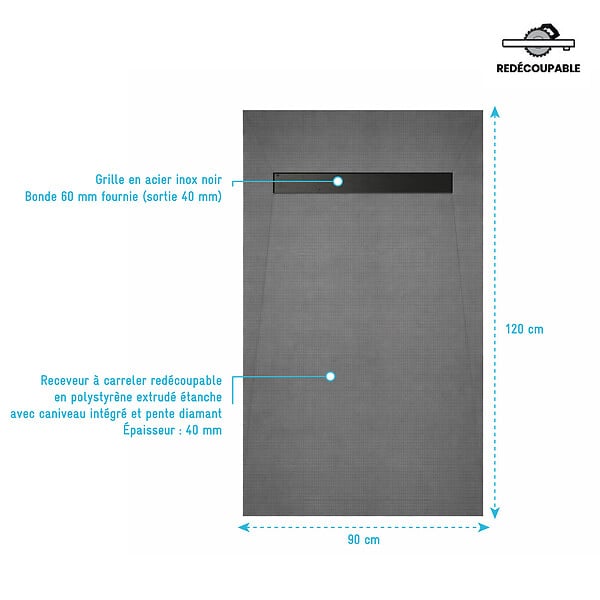 AURLANE - Receveur de douche à carreler 120x90 cm avec bonde écoulement linéaire - Grille finition noire - large