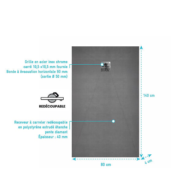 AURLANE - Receveur de douche à carreler 140x80 cm avec bonde à sortie Horizontale - Grille finition chrome - large