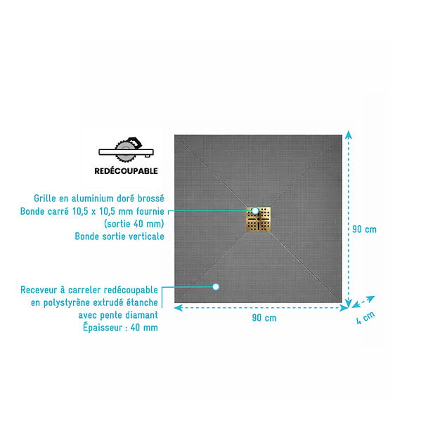 AURLANE - Receveur de Douche à Carreler 90x90cm avec Bonde à Sortie Verticale - Grille Finition Or Brossé - large