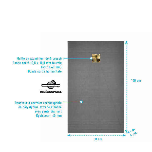 AURLANE - Receveur de Douche à Carreler 140x80cm avec Bonde à Sortie Horizontale - Grille Finition Or Brossé - large