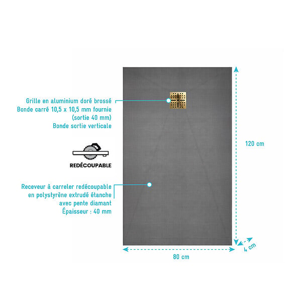 AURLANE - Receveur de Douche à Carreler 120x80cm avec Bonde à Sortie Verticale - Grille Finition Or Brossé - large