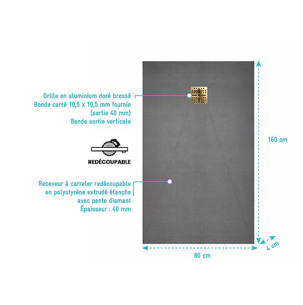 AURLANE - Receveur de Douche à Carreler 160x80cm avec Bonde à Sortie Verticale - Grille Finition Or Brossé - large