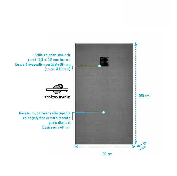 AURLANE - Receveur de Douche à Carreler 160x80cm avec Bonde à Sortie Verticale - Grille Noire - large