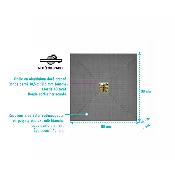 AURLANE - Receveur de Douche à Carreler 90x90cm avec Bonde à Sortie Horizontale - Grille Finition Or Brossé - large