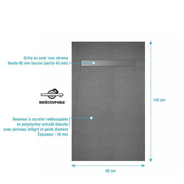 AURLANE - Receveur de Douche à Carreler 140x80cm à Ecoulement Linéaire - Grille Chrome et Bonde - large