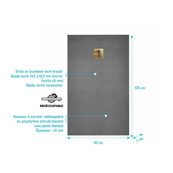 AURLANE - Receveur de Douche à Carreler 120x80cm avec Bonde à Sortie Horizontale - Grille Finition Or Brossé - large