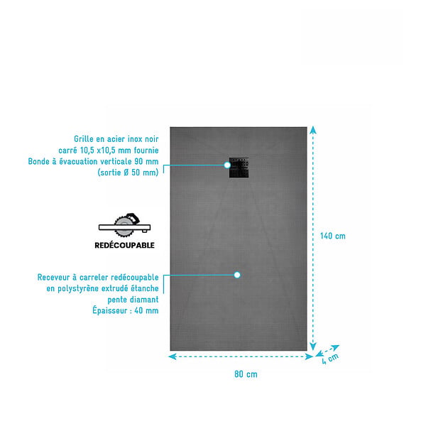 AURLANE - Receveur de Douche à Carreler 140x80cm avec Bonde à Sortie Verticale - Grille Noire - large