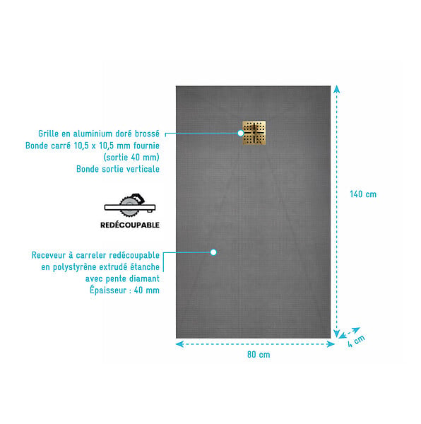 AURLANE - Receveur de Douche à Carreler 140x80cm avec Bonde à Sortie Verticale - Grille Finition Or Brossé - large