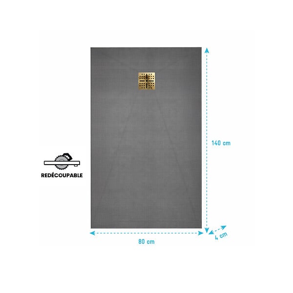 AURLANE - Receveur de Douche à Carreler 140x80cm avec Bonde à Sortie Verticale - Grille Finition Or Brossé - large