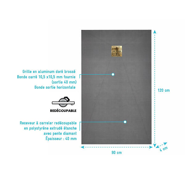 AURLANE - Receveur de Douche à Carreler 120x90cm avec Bonde à Sortie Horizontale - Grille Finition Or Brossé - large