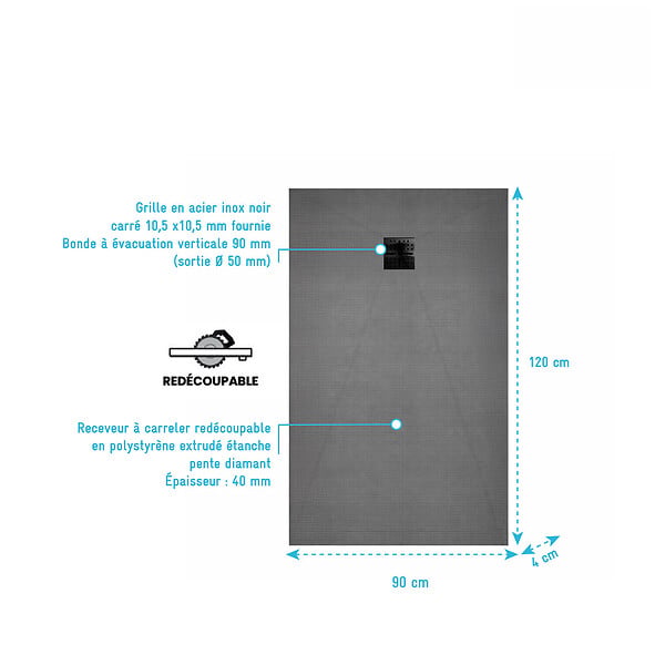 AURLANE - Receveur de Douche à Carreler 120x90cm avec Bonde à Sortie Verticale - Grille Noire - large