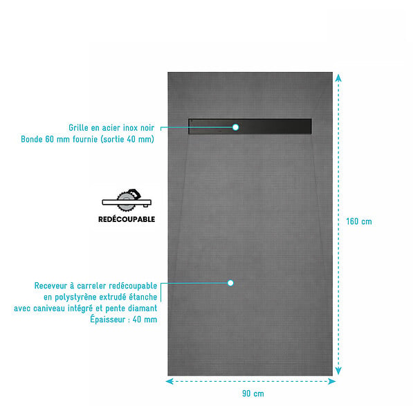 AURLANE - Receveur de douche à carreler 160x90 cm avec bonde écoulement linéaire - Grille finition noire - large