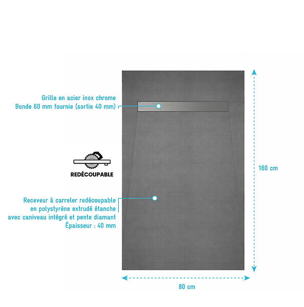 AURLANE - Receveur de douche à carreler 160x80 cm avec bonde écoulement linéaire - Grille finition chrome - large