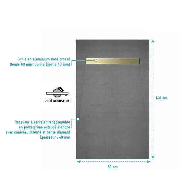 AURLANE - Receveur de douche à carreler 140x80 cm avec bonde écoulement linéaire - Grille finition or brossé - large