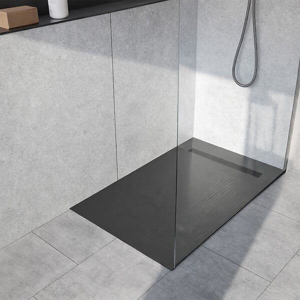 AURLANE - Receveur de Douche à Carreler 140x80cm à Ecoulement Linéaire - Grille Noire et Bonde - large