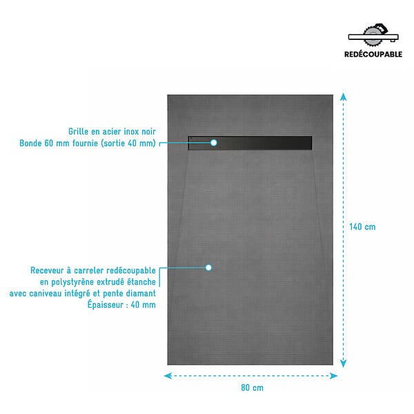 AURLANE - Receveur de Douche à Carreler 140x80cm à Ecoulement Linéaire - Grille Noire et Bonde - large
