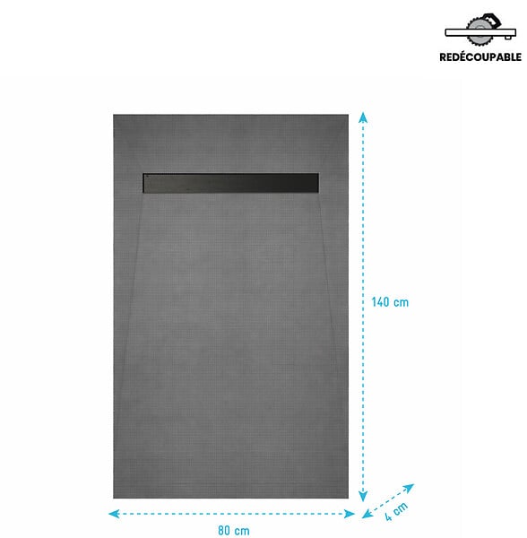 AURLANE - Receveur de Douche à Carreler 140x80cm à Ecoulement Linéaire - Grille Noire et Bonde - large