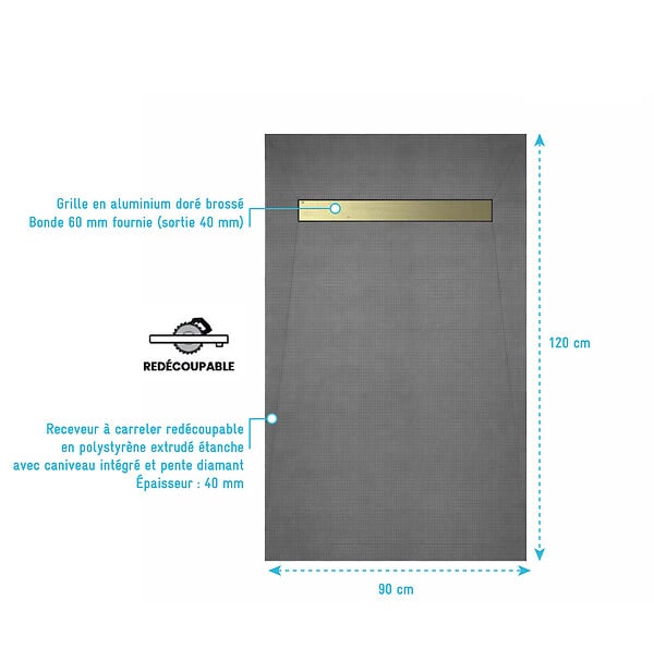 AURLANE - Receveur de douche à carreler 120x90 cm avec bonde écoulement linéaire - Grille finition or brossé - large