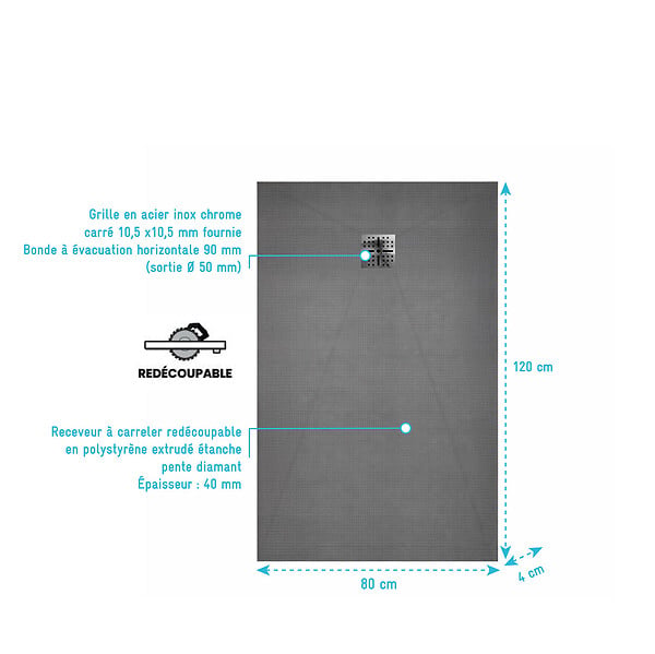AURLANE - Receveur de Douche à Carreler 120x80cm avec Bonde à Sortie Horizontale - Grille Inox Chrome - large