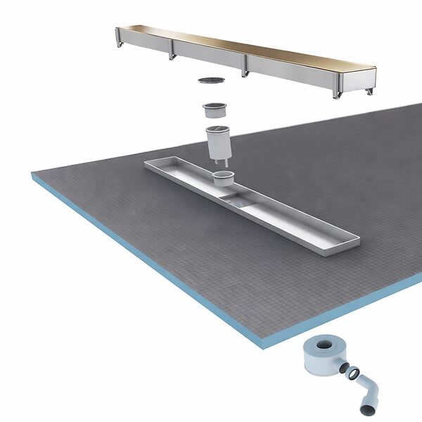 AURLANE - Receveur de douche à carreler 160x80 cm avec bonde écoulement linéaire - Grille finition or brossé - large