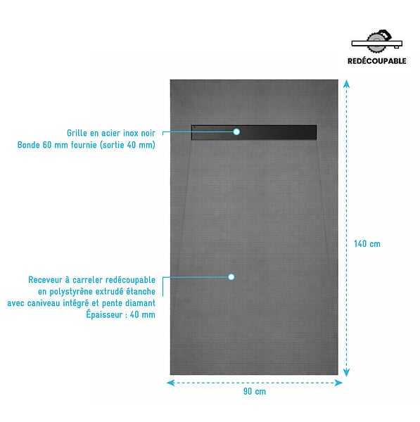 AURLANE - Receveur de douche à carreler 140x90 cm avec bonde écoulement linéaire - Grille finition noire - large