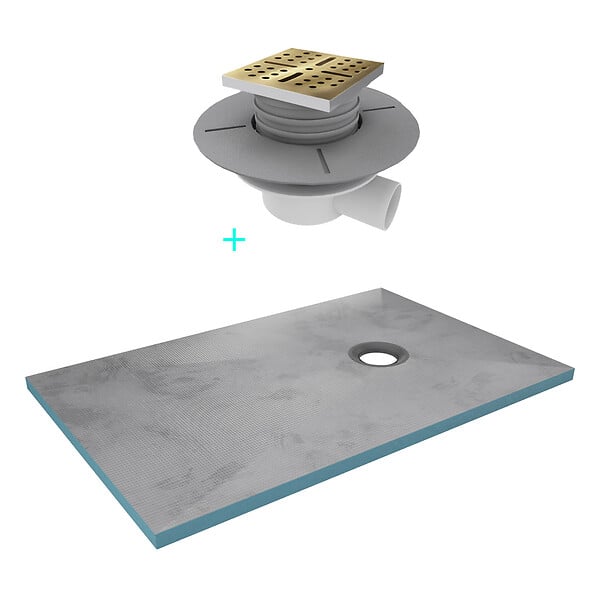 AURLANE - Receveur de Douche à Carreler 140x90cm avec Bonde à Sortie Horizontale - Grille Finition Or Brossé - large