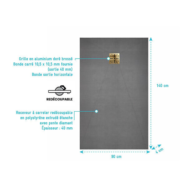 AURLANE - Receveur de Douche à Carreler 140x90cm avec Bonde à Sortie Horizontale - Grille Finition Or Brossé - large