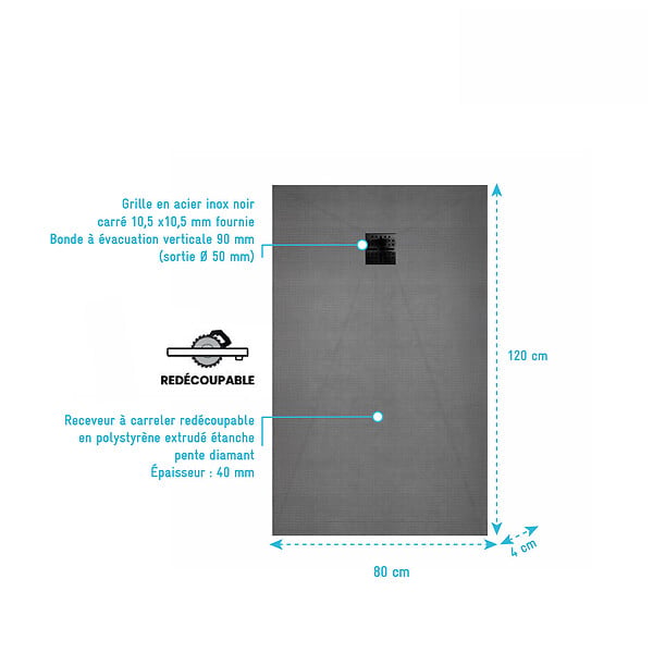 AURLANE - Receveur de Douche à Carreler 120x80cm avec Bonde à Sortie Verticale - Grille Noire - large