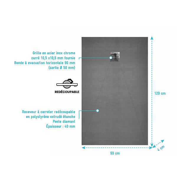AURLANE - Receveur de douche à carreler 120x90 cm avec bonde à sortie Horizontale - Grille finition chrome - large