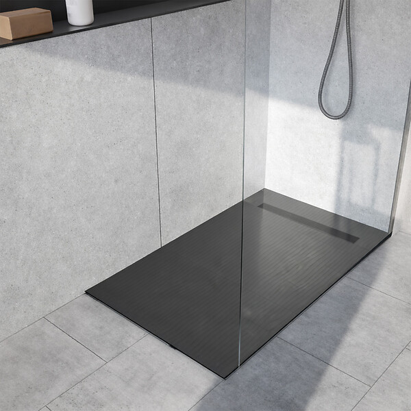 AURLANE - Receveur de douche à carreler 160x80 cm avec bonde écoulement linéaire - Grille finition noire - large