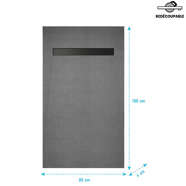 AURLANE - Receveur de douche à carreler 160x80 cm avec bonde écoulement linéaire - Grille finition noire - large