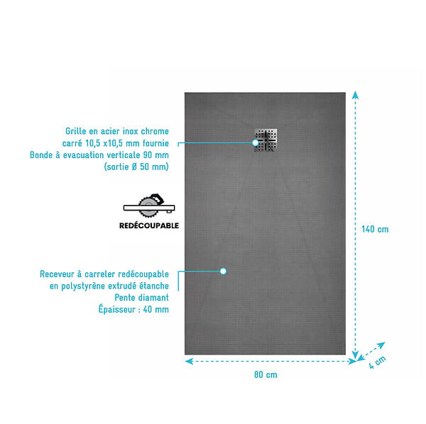 AURLANE - Receveur de Douche à Carreler 140x80cm avec Bonde à Sortie Verticale - Grille Inox Chrome - large