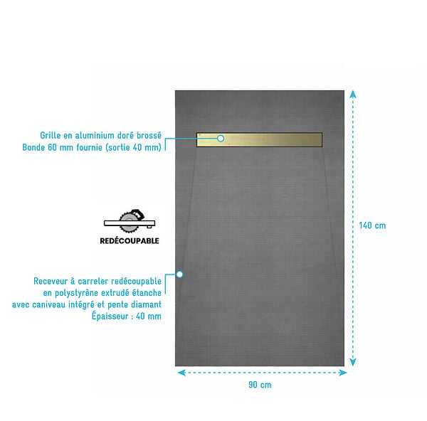 AURLANE - Receveur de Douche à Carreler 140x90cm à Ecoulement Linéaire - Grille finition Or Brossé et Bonde - large