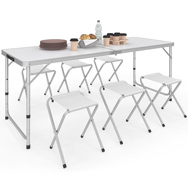 ID MARKET - Table de camping pliante réglable en hauteur 160 cm et 6 tabourets blancs - large