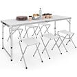 ID MARKET - Table de camping pliante réglable en hauteur 160 cm et 6 tabourets blancs - vignette