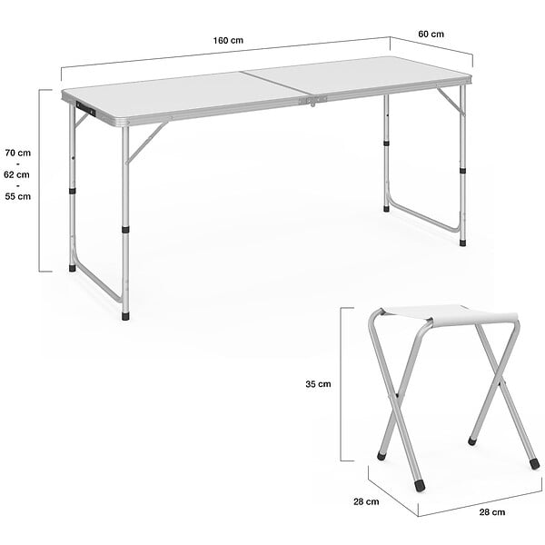 ID MARKET - Table de camping pliante réglable en hauteur 160 cm et 6 tabourets blancs - large