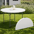 ID MARKET - Table pliante d'appoint portable ronde 122 cm  camping ou réception avec housse blanche - vignette