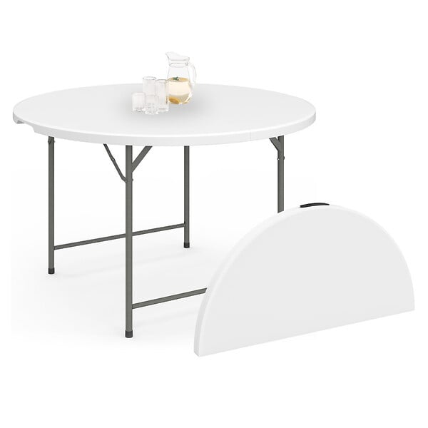 ID MARKET - Table pliante d'appoint portable ronde 122 cm  camping ou réception avec housse blanche - large