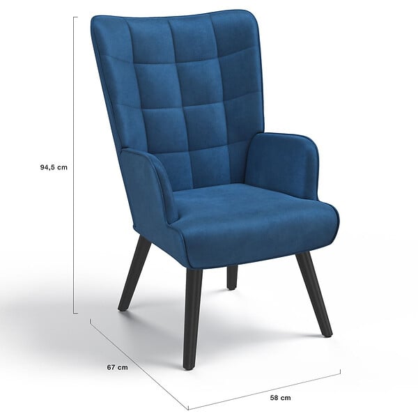ID MARKET - Fauteuil scandinave ANIA en velours bleu - large
