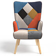 ID MARKET - Fauteuil scandinave IVAR en tissu patchwork multicouleurs et imprimé pied de poule - vignette