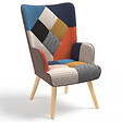ID MARKET - Fauteuil scandinave IVAR en tissu patchwork multicouleurs et imprimé pied de poule - vignette