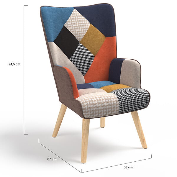ID MARKET - Fauteuil scandinave IVAR en tissu patchwork multicouleurs et imprimé pied de poule - large