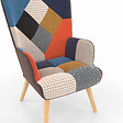 ID MARKET - Fauteuil scandinave IVAR en tissu patchwork multicouleurs et imprimé pied de poule - vignette