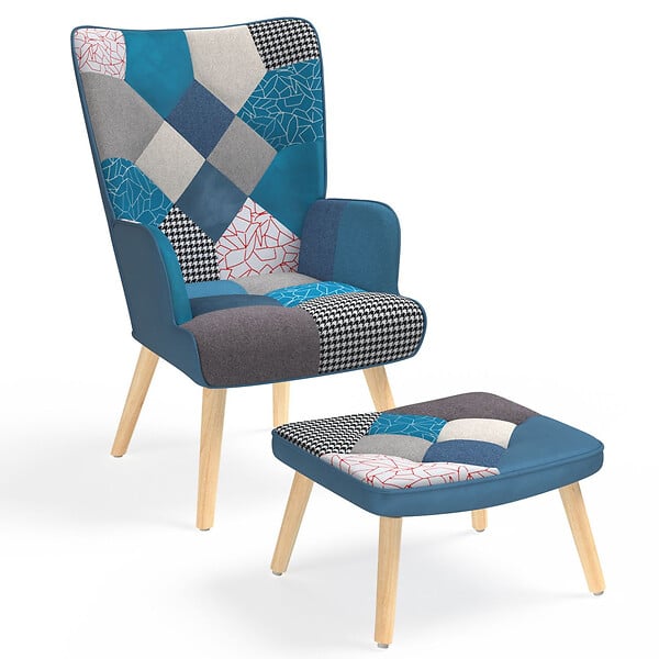 ID MARKET - Fauteuil scandinave IVAR avec repose pieds en tissu patchwork et velours bleu - large