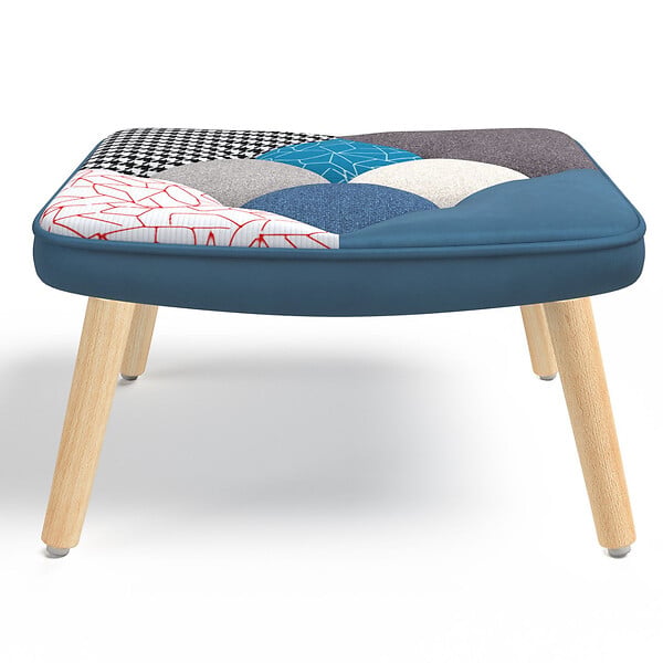 ID MARKET - Fauteuil scandinave IVAR avec repose pieds en tissu patchwork et velours bleu - large