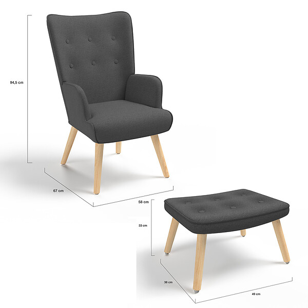 ID MARKET - Fauteuil scandinave IVAR avec repose pieds gris anthracite - large