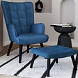ID MARKET - Fauteuil scandinave ANIA avec repose pieds velours bleu - vignette