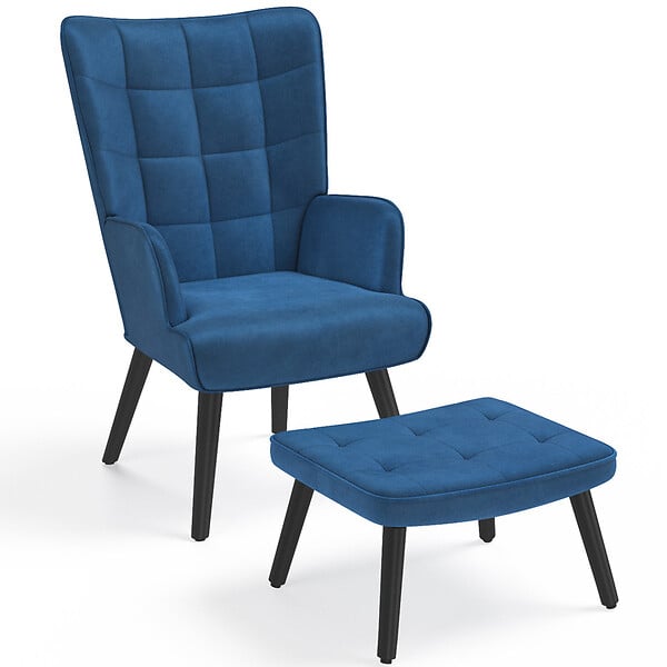 ID MARKET - Fauteuil scandinave ANIA avec repose pieds velours bleu - large