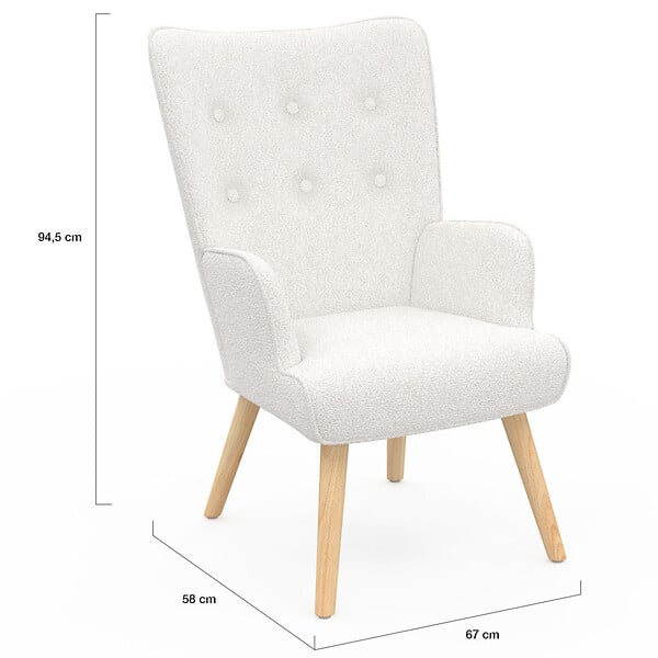 ID MARKET - Fauteuil scandinave IVAR en tissu bouclette blanc - large